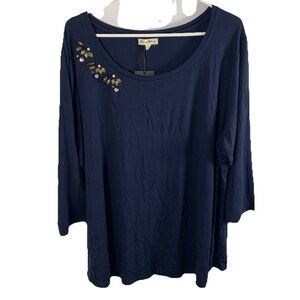 NWT Jane and Delancey‎ Women Sz 3XL Blouse Top Navy Blue Beading Stretch Soft